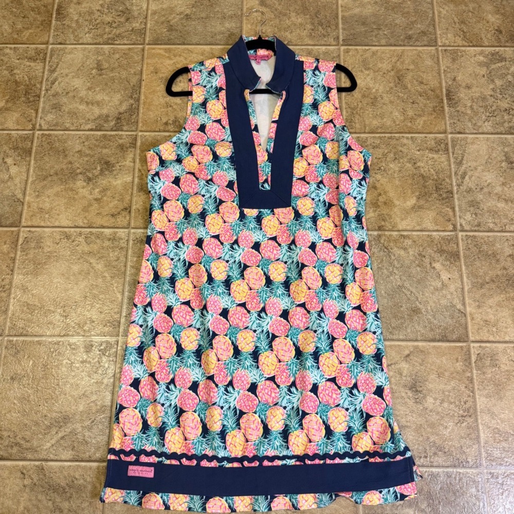 Simply Southern Pineapple Print Sleeveless Shift Dress Navy Pink Yellow Large